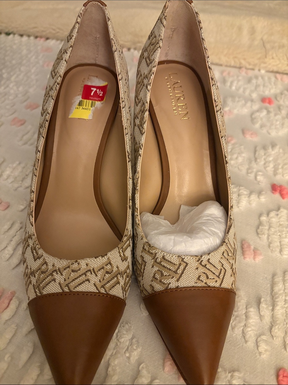 Lauren Ralph Lauren Beige Woven Pointed Toe Pumps with Brown Cap